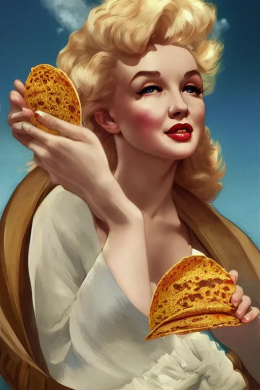 Image similar to beautiful cottagecore Marylin Monroe holding a taco. intricate, elegant. highly detailed, digital painting, artstation, concept art, smooth, sharp, focus, illustration. . art by artgerm and greg rutkowski and alphonse mucha