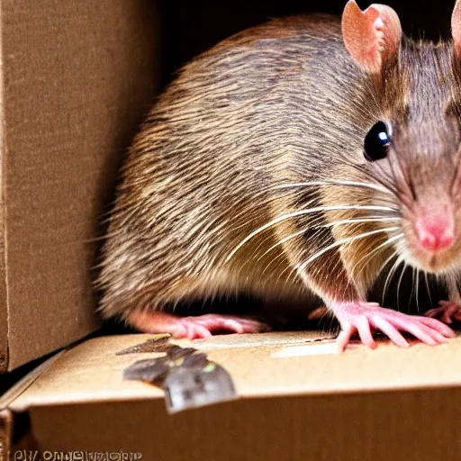 Prompt: photorealistic brown rat crawling out of a cardboard box in a basement