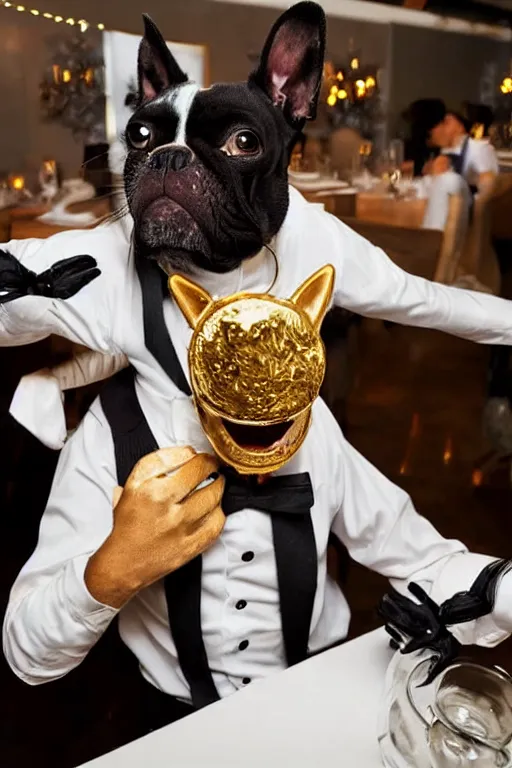 Image similar to a dog - headed waiter at the reception of a fancy restaurant