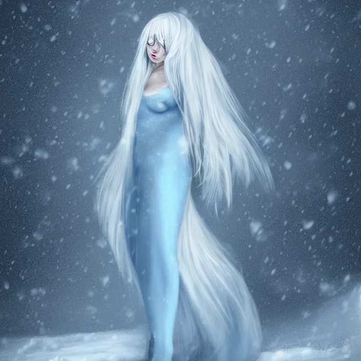 Image similar to full body portrait of a woman dying of hypothermia, with very white skin and pale blue hair wearing a long white dress made out of snowflake in the middle of a heavy snowstorm. sickly looking. digital art by maromi sagi