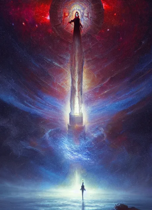 Prompt: out in the dark, among the stars, the god is dead by barclay shaw, andreas rochas, james jean, craig mullins and joe jusko, 8 k, intricate details, illustration, dynamic lighting, unreal engine, featured on artstation, soft glow.
