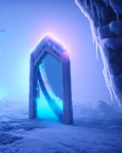 Prompt: interdimensional galaxy portal covered in frost, ice gate, volumetric light, volumetric fog, unreal engine, frostpunk photorealistic, 8 k by beeple