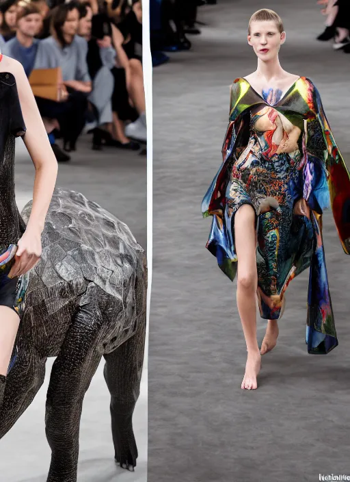 Image similar to hyperrealistic and heavy detailed balenciaga runway show of dinosaurs, leica sl 2 5 0 mm, vivid color, high quality, high textured, real life