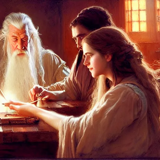 Prompt: gandalf and emma watson studying magic, highly detailed painting by gaston bussiere, craig mullins, j. c. leyendecker 8 k