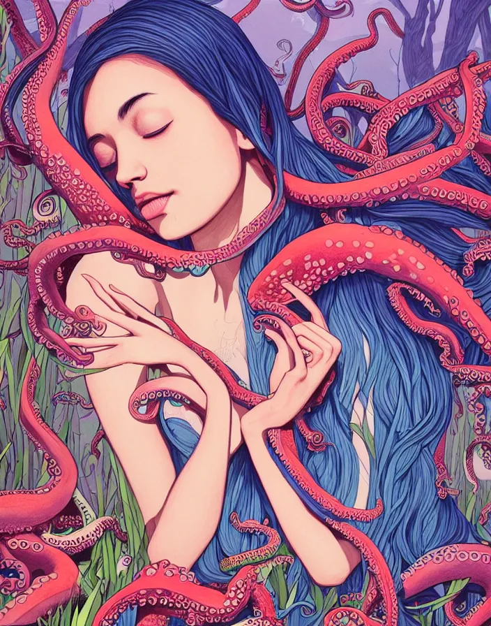 Prompt: richly detailed color  illustration of a female student, 'lost in an octopus's garden', large format image. illustrated by Artgerm. 3D shadowing.