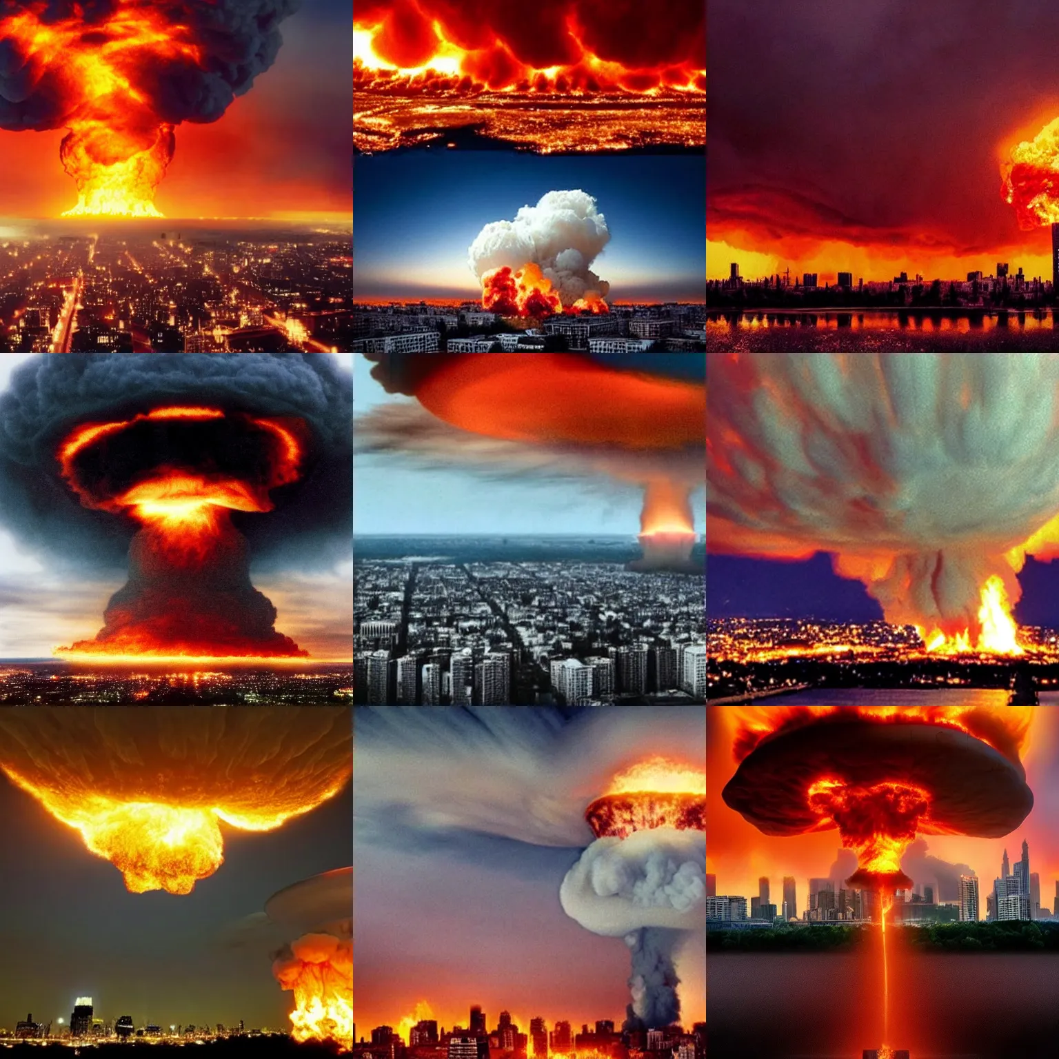Prompt: a nuclear mushroom cloud rises over a city engulfed in flames, modern picture taken from far away