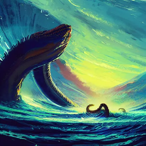 Image similar to a painting of a large coiled leviathan, by alena aenami and greg rutkowski