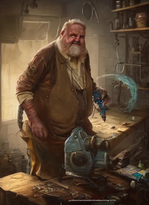 Image similar to An epic fantasy comic book style portrait painting of a an old tinker fat man working on a device in her workshop, unreal 5, DAZ, hyperrealistic, octane render, cosplay, RPG portrait, dynamic lighting
