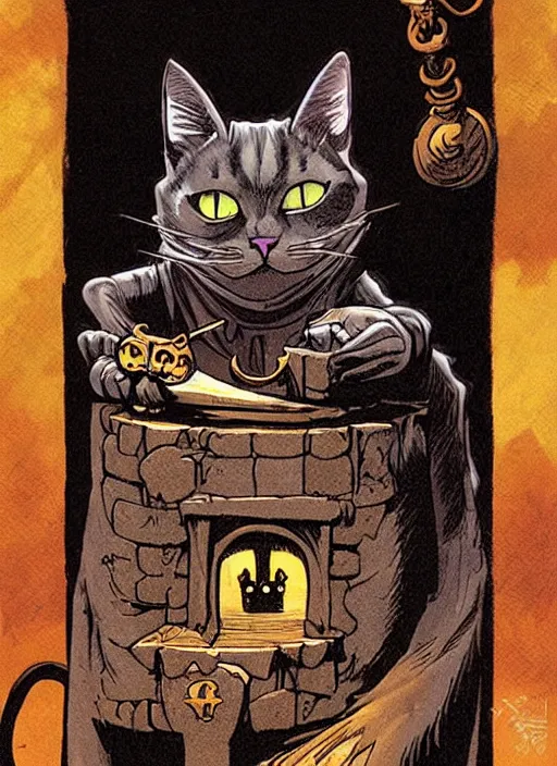 Image similar to highly detailed, hyper realistic wizard cat with a dungeon background by mike mignola