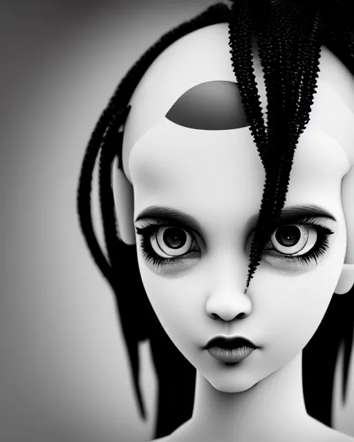 Image similar to a black and white photo of a dolly young feminine cyborg, halo, photorealistic, artistic, poetic, 8 k,