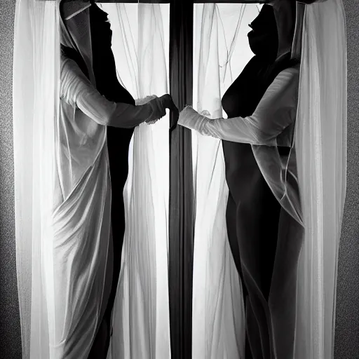 Prompt: award winning photo Hovering twins, buxom nuns, wearing translucent veils, see through dress, Very long arms, bedroom, wood door, eerie, frightening, highly detailed, photorealistic —width 1024 —height 1024