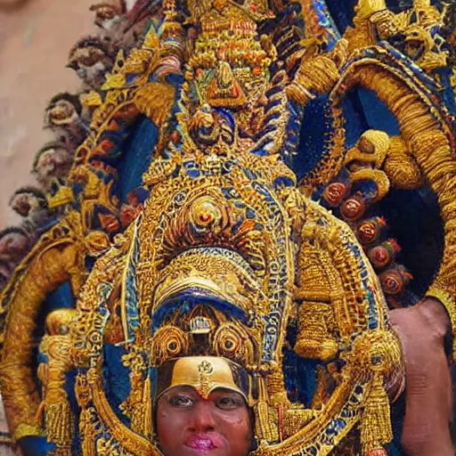 Image similar to a woman wearing an armor and head - dress. the armor and head - dress is made out of the colors, textures and sculptures of the meenakshi temple in madurai. intricate. detailed.