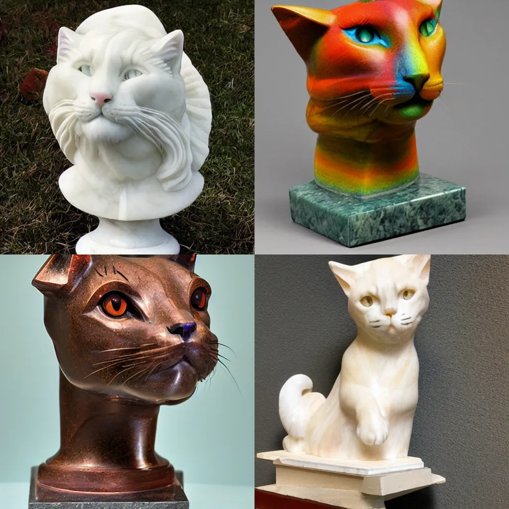 Prompt: a marble bust of a rainbow cat