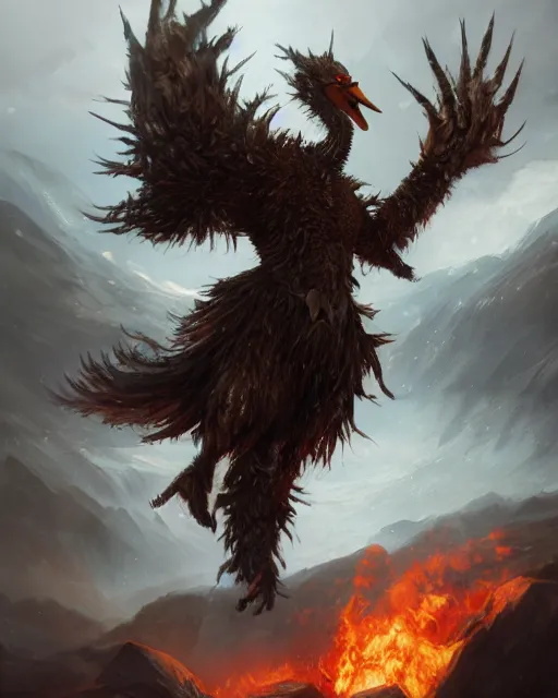 Image similar to oil painting of Angry Anthropomorphized Swan Berserker, wearing fur armor, claws, sharp focus, attack pose, fantasy style, octane render, volumetric lighting, 8k high definition, by greg rutkowski, highly detailed, trending on art Station, magic the gathering artwork, burning Battlefield background, centered