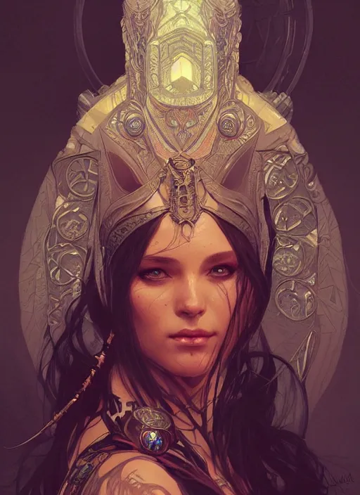 Image similar to portrait of futuristic shaman, fantasy, medieval wear, intricate, elegant, highly detailed, digital painting, artstation, concept art, smooth, sharp focus, illustration, art by artgerm and greg rutkowski and alphonse mucha