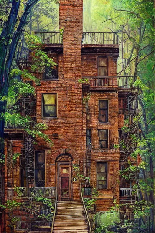 Prompt: (((((a ramshackle manhattan brick brownstone deep in the forest))))) by Dmitry Dubinsky!!!!!!!!!!!!!!!!!!!!!!!!!!!