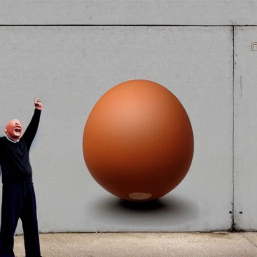 Image similar to a man laughing at a giant egg, in the future, in the style of Bansky