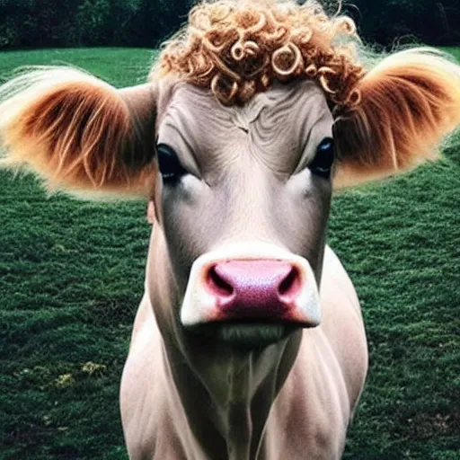 Prompt: a beautiful cow with long blond curly hair on his head