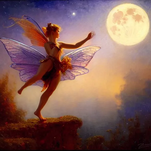 Image similar to attractive fairy magically floating high in the night, fantasy, full moon in background. highly detailed painting by gaston bussiere, craig mullins, j. c. leyendecker, mid shot, 8 k