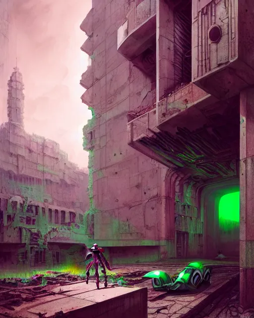 Image similar to hyperrealistic 3d render highly detailed exoskeleton baroque mecha iridescent pink brutalist city ruins background concept art octane santiago caruso de chirico sharp very dramatic green light 8k low angle shallow depth of field