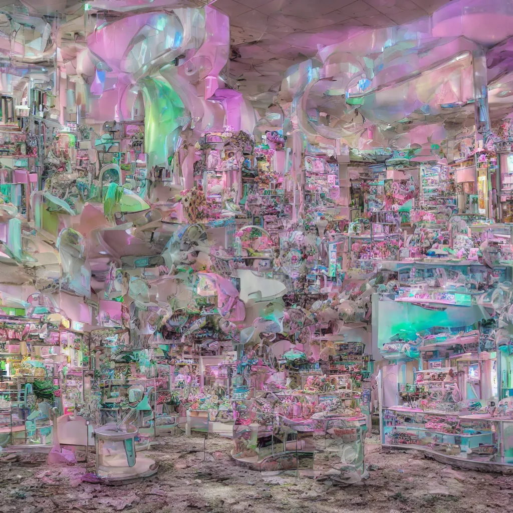 Image similar to futuristic, pastel colors, hd 8 k, digital design, abandoned, overgrown, candy shop in a mall