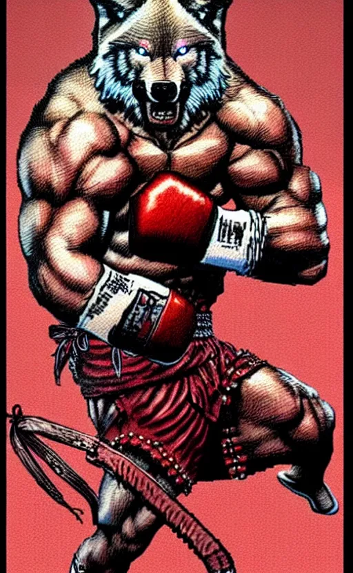 Image similar to 8 bit nes graphics. antropomorphic muscular masculine wolf. kickboxer fighter, in shorts. wolf head. fine details, very sharp, art from nes game cartridge, marc simonetti and hermann nitsch