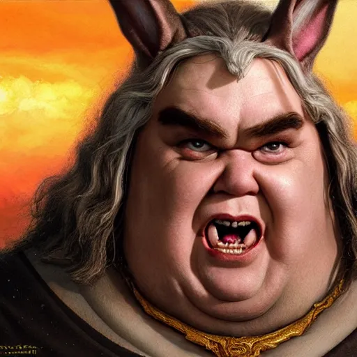 Image similar to hyper realistic, lord of the rings, close up portrait of a mega derpy john candy, big chungus, with bunny ears, stoned, by greg rutkowski, scott m fischer, artgerm, loish, slight glow, atmospheric, anne stokes, alexandros pyromallis