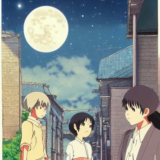 Prompt: looking at the moon, anime by Studio Ghibli, realistic, by Hayao Miyazaki