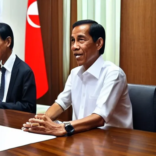 Prompt: Jokowi showing off wearing gshock watch in a meeting, photorealistic