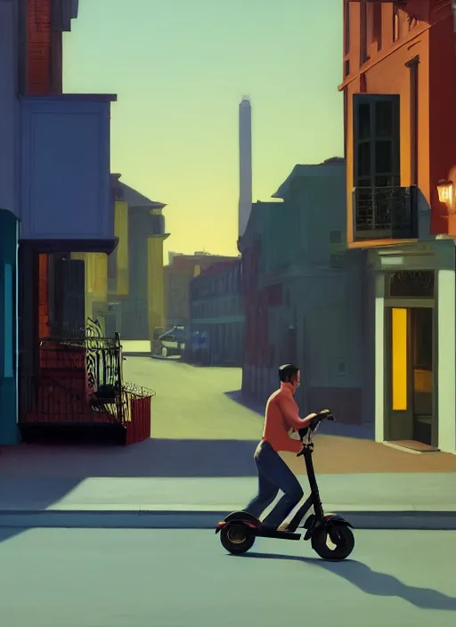 Image similar to A man rolling into the sunset on an electric scooter in a small town setting by Edward Hopper and James Gilleard, 8k, octane render, ultra sharp, detailed digital art