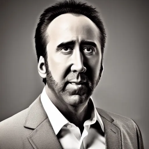 Image similar to professional portrait of nicolas cage neutral expression face straight on headshot even lighting