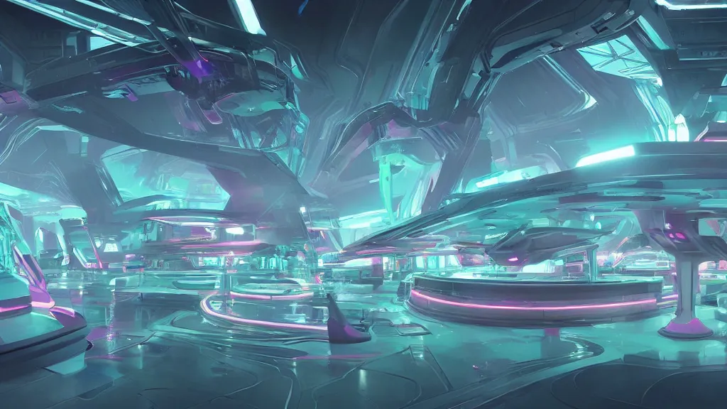 Image similar to sci-fi citadel, with exotic female alien gogo dancers standing on platforms, neon signs, modular shapes, contemporary aesthetic, like concept art on artstation, like zaha hadid