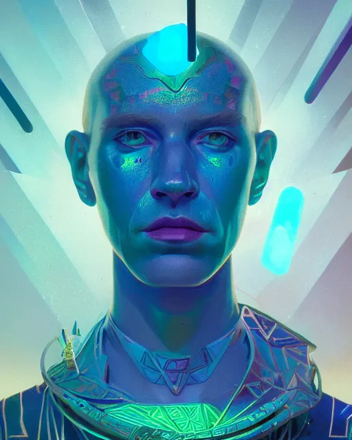 Image similar to highly detailed surreal vfx portrait of a metallic chromatic geometric tribal magician, behance, stephen bliss, unreal engine, greg rutkowski, loish, rhads, beeple, makoto shinkai and lois van baarle, ilya kuvshinov, rossdraws, tom bagshaw, alphonse mucha, global illumination, detailed and intricate environment