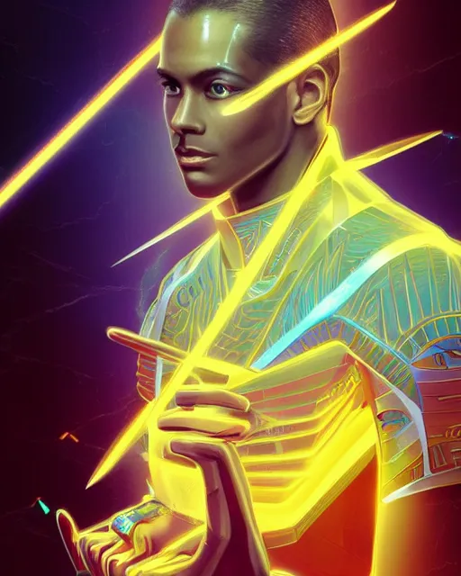 Image similar to symmetry!! egyptian prince holding neon gold scepter of power, solid cube of light, egyptian design, hard edges, product render retro - futuristic poster scifi, lasers and neon circuits, brown skin man egyptian prince, intricate, elegant, highly detailed, digital painting, artstation, concept art, smooth, sharp focus, illustration, dreamlike, art by artgerm