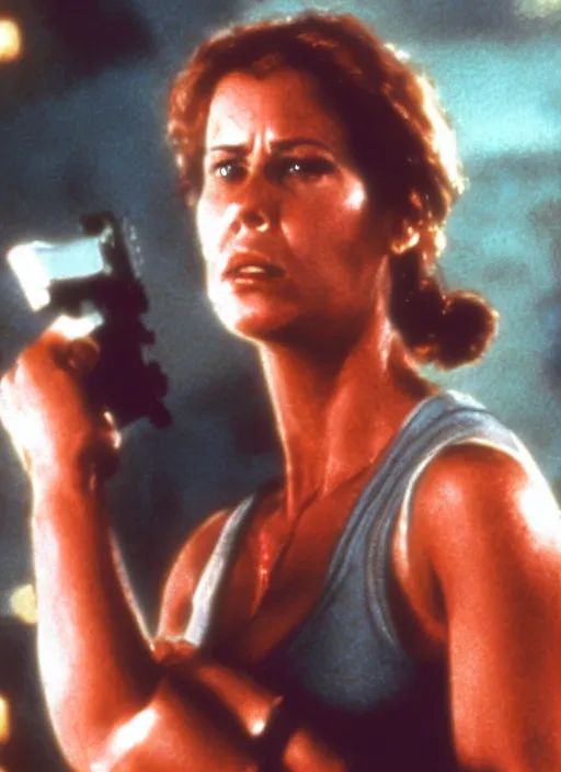 Prompt: film still of Sofia Verga as John McClane in Die Hard, 4k