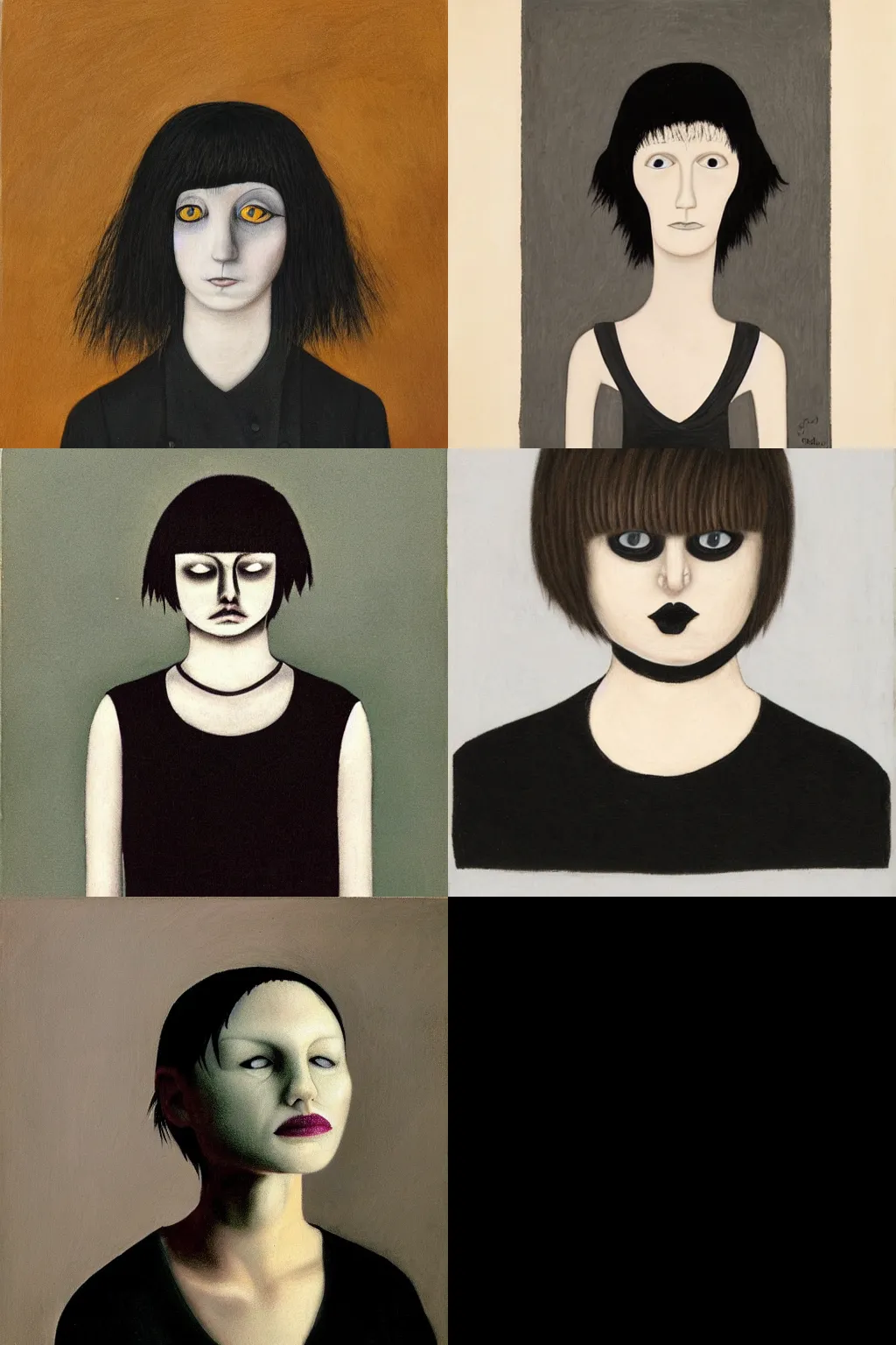 Prompt: an emo portrait by gertrude abercrombie. her hair is dark brown and cut into a short, messy pixie cut. she has a slightly rounded face, with a pointed chin, large entirely - black eyes, and a small nose. she is wearing a black tank top, a black leather jacket, a black knee - length skirt, a black choker, and black leather boots.