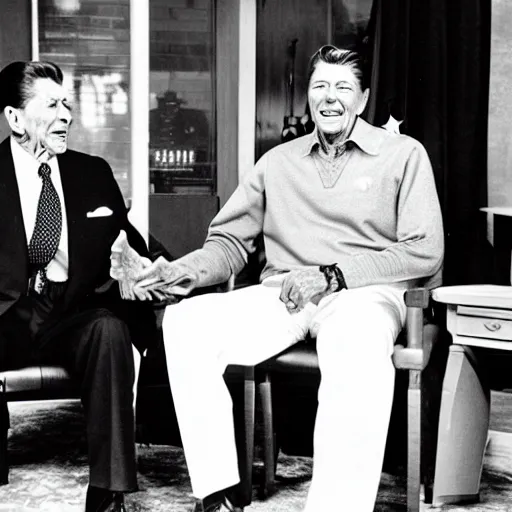 Prompt: [ ronald reagan sitting in chair next to tiger ]