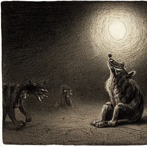 Prompt: giant hyena standing on a desert road at night with glowing eyes, laughing, hard flashlight, eerie strange bizarre, by alfred kubin