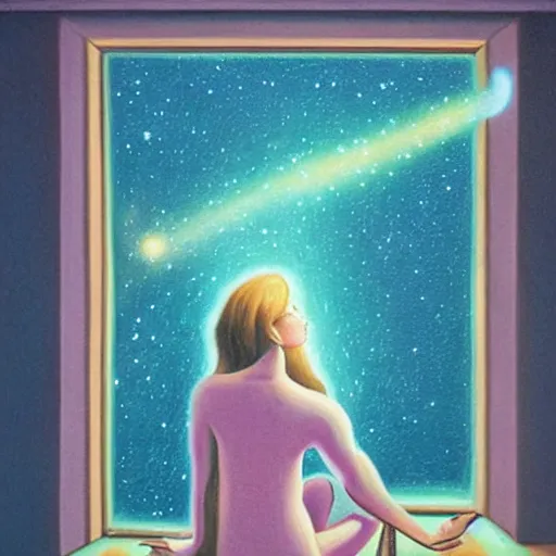 Image similar to a pastel painting of a brooding galactic queen staring at the galaxy outside her giant window