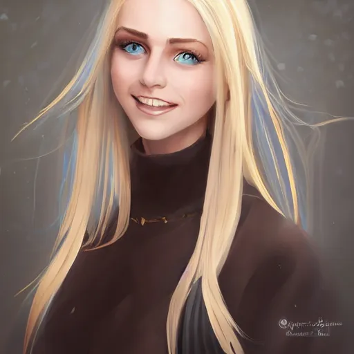 Image similar to portrait, 30 years old women :: fantasy :: blue eyes, long straight blonde hair, beeing happy, smiling :: attractive, symmetric face :: brown medieval cloting, natural materials :: high detail, digital art, RPG, concept art, illustration