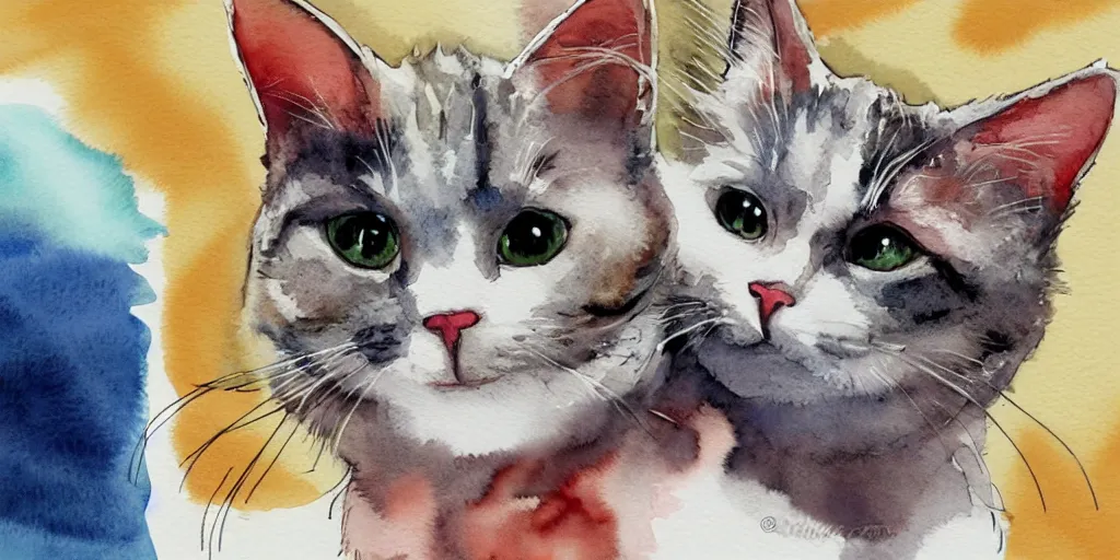 Image similar to watercolor illustration style, cute cat call by phone