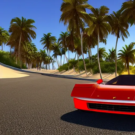 Image similar to a Ferrari Testarossa on a road next to a white sand beach with palm trees@in unreal engine