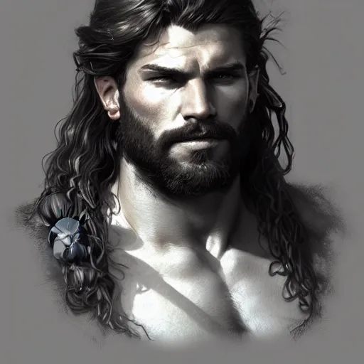 Image similar to portrait of a young rugged male barbarian, handsome, upper body, D&D, muscular, fantasy, intricate, elegant, highly detailed, digital painting, artstation, concept art, smooth, sharp focus, illustration, art by artgerm and greg rutkowski and alphonse mucha