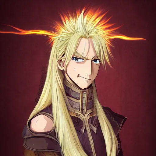 Image similar to Portrait of Lucius The Blonde Flame Warrior, Anime Fantasy Illustration by Tomoyuki Yamasaki, Kyoto Studio, Madhouse, Ufotable, trending on artstation