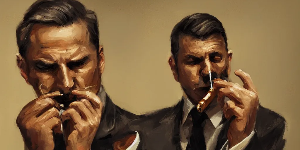 Image similar to abstract oil matte portrait painting, mafia boss smoking a cigar at his 5 0 s new york office desk, wonderful masterpiece highly detailed, beautiful cinematic light deep focus, elegant, digital painting, smooth, sharp focus, golden ratio, dramatic illumination, ultra realistic, 8 k, art by jimmy law