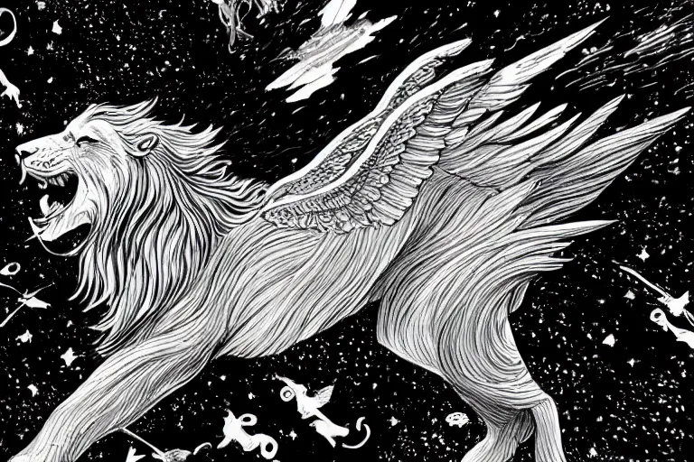 Prompt: angelic majestic winged lioness flying in outer space, stars dotted in background, black and white ink on paper, thick thick thick outlines, 8k high quality detailed manga art, trending on art station and cgsociety, super wide angle, octane, by Eiichiro Oda and Hokusai