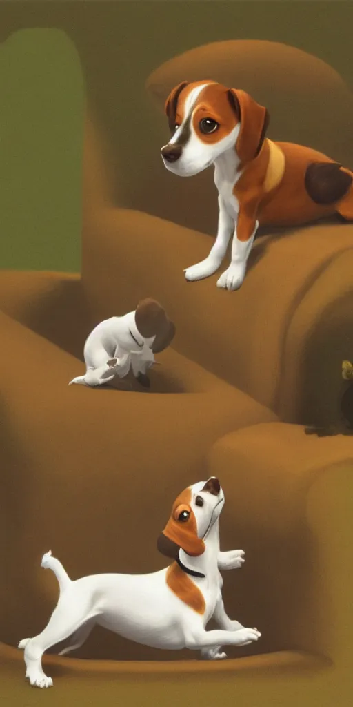 Prompt: matte painting of a jack russel terrier crying, on dog bed, highly detailed, disney, style of maxfield parrish, in the style of lady and the tramp