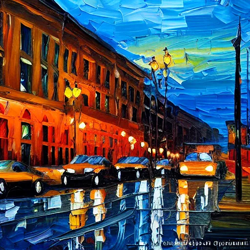 Prompt: palette knife oil painting of downtown portland at dusk