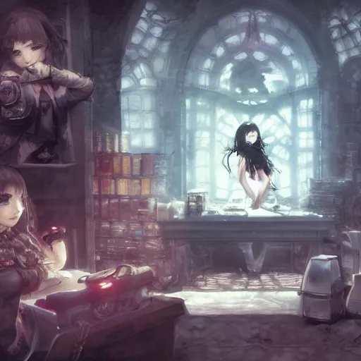 Image similar to goth woman playing videogames, tankoban, 4 k, tone mapping, akihiko yoshida, james jean andrei riabovitchev marc simonetti, yoshitaka amano, long hair, curly, h. hydrochaeri