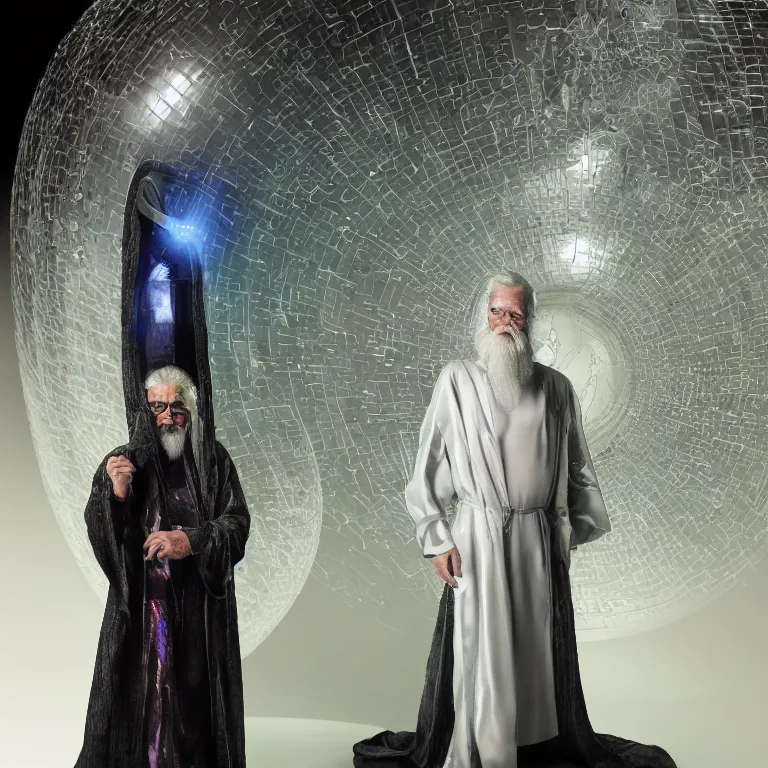 Prompt: high fashion photoshoot octane render portrait by wayne barlow and carlo crivelli and glenn fabry, a distinguished sci - fi futuristic handsome wizard with a long white beard wearing a clear plastic iridescent wizard robes and holding a magical adorable critter while standing inside a glowing ball of plasma energy inside a futuristic fantasy tower, very short depth of field, bokeh